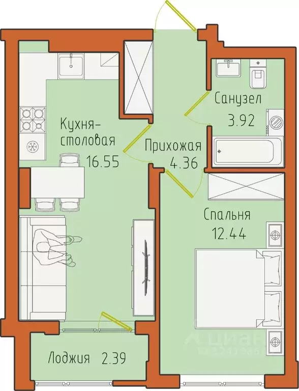 1-к кв. Калининградская область, Светлогорск пос. Отрадное,  (39.66 м) - Фото 0