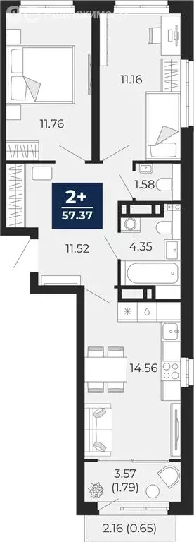 2-комнатная квартира: Тюмень, микрорайон Энтузиастов (54.93 м) - Фото 0