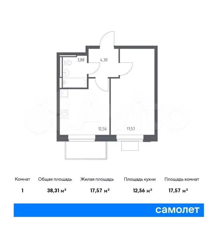 1-к. квартира, 38,3м, 12/12эт. - Фото 0