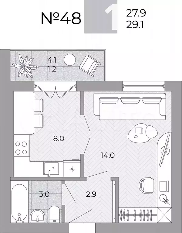 1-к. квартира, 29,1 м, 3/4 эт. - Фото 0