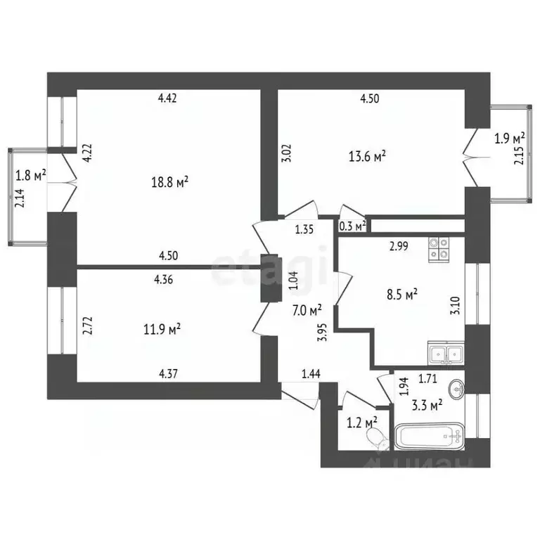 3-к кв. Башкортостан, Стерлитамак ул. Мира, 57 (62.9 м) - Фото 2