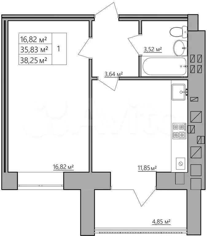 1-к. квартира, 38,3 м, 7/8 эт. - Фото 0