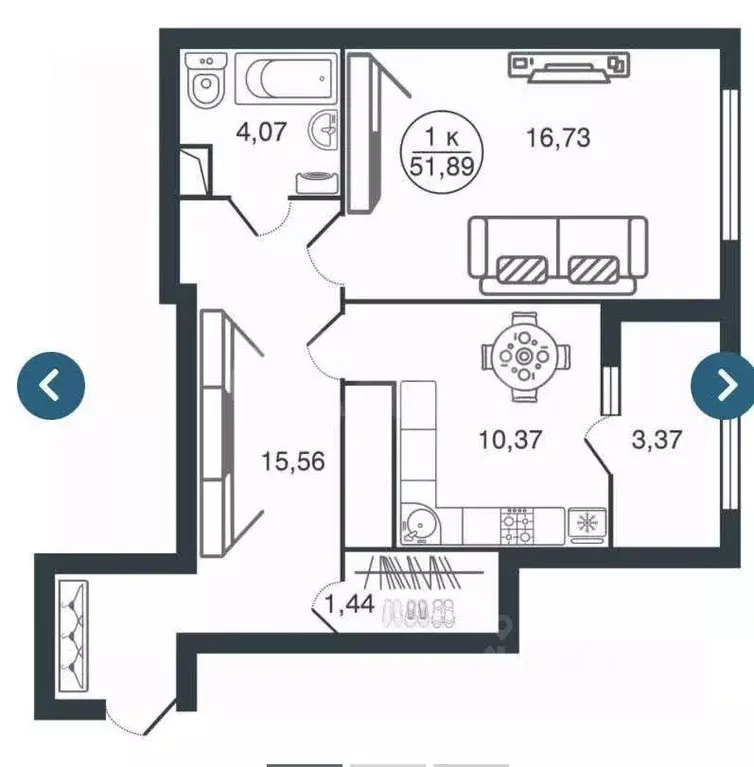 1-к кв. Тверская область, Тверь ул. Ткача, 3 (51.89 м) - Фото 2