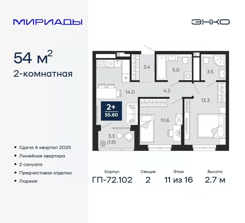 2-к кв. Тюменская область, Тюмень Мириады жилой комплекс (55.65 м) - Фото 0