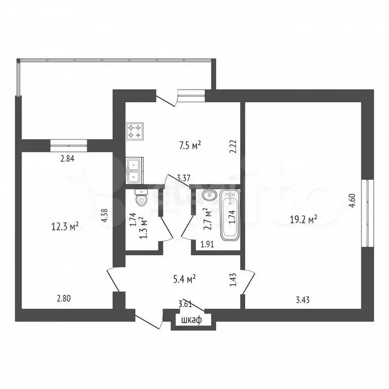 2-к. квартира, 48,8 м, 5/5 эт. - Фото 0