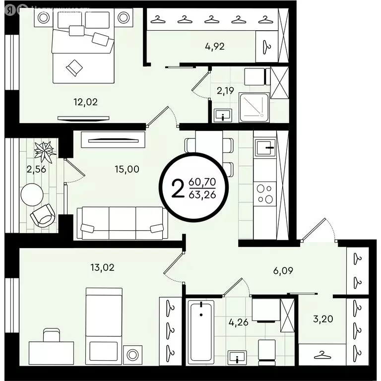 2-комнатная квартира: Тюмень, улица Александра Звягина, 6 (63.26 м) - Фото 0