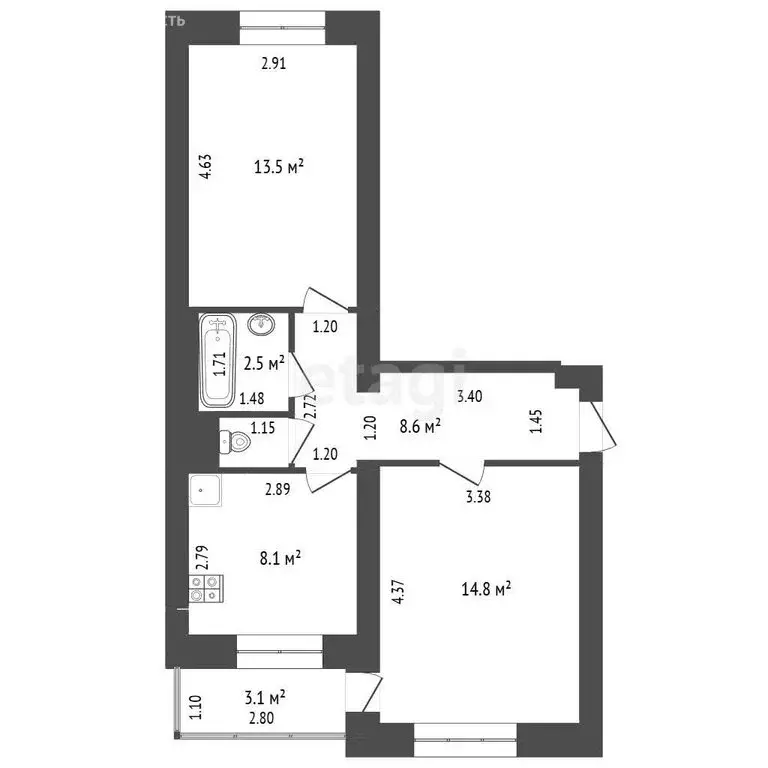 2-комнатная квартира: Кремёнки, Озёрная улица, 2 (48.4 м) - Фото 1