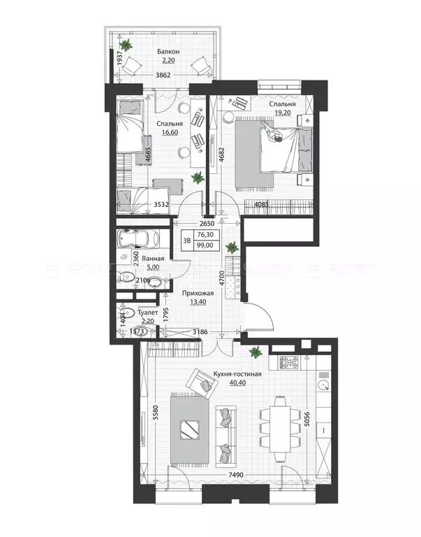 3-комнатная квартира: Казань, Вахитовский район (99 м) - Фото 1