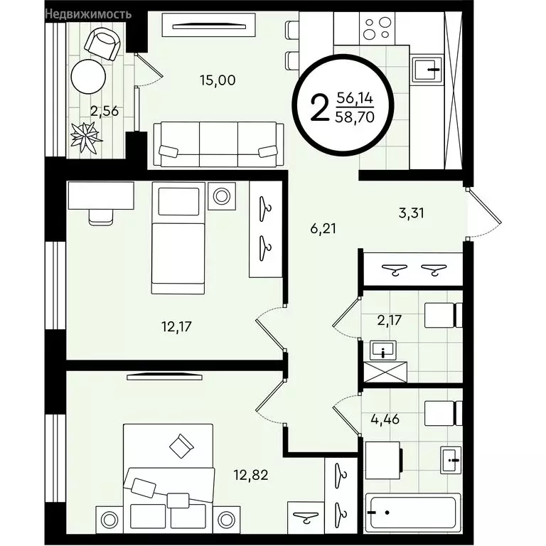 2-комнатная квартира: Тюмень, улица Александра Звягина, 4 (58.7 м) - Фото 1