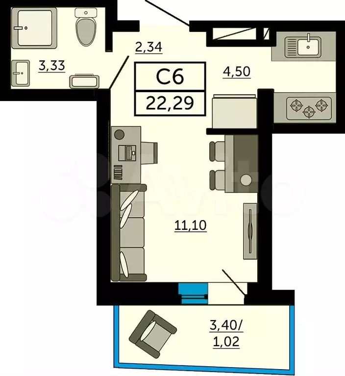 Квартира-студия, 22,3 м, 17/31 эт. - Фото 1