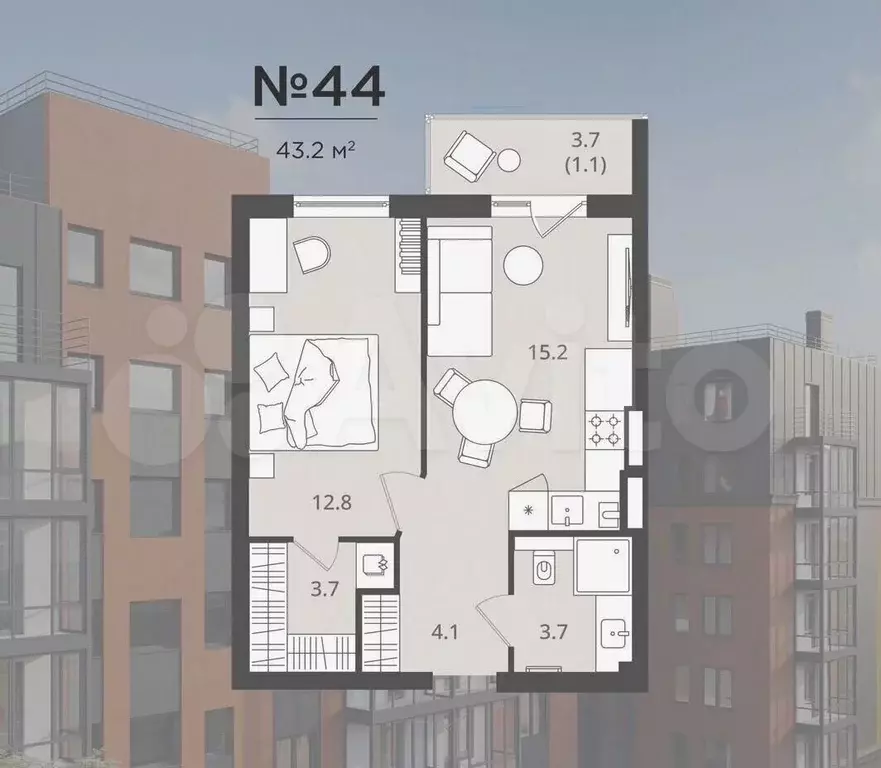 1-к. квартира, 42,9 м, 3/7 эт. - Фото 0