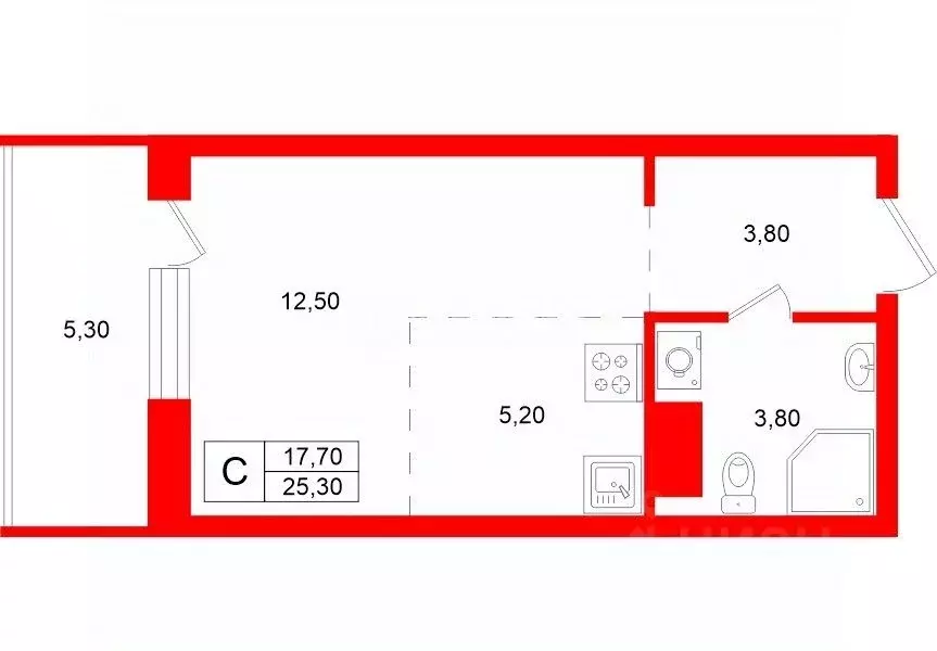 Студия Санкт-Петербург пос. Шушары, просп. Новгородский, 2к3 (25.3 м) - Фото 2