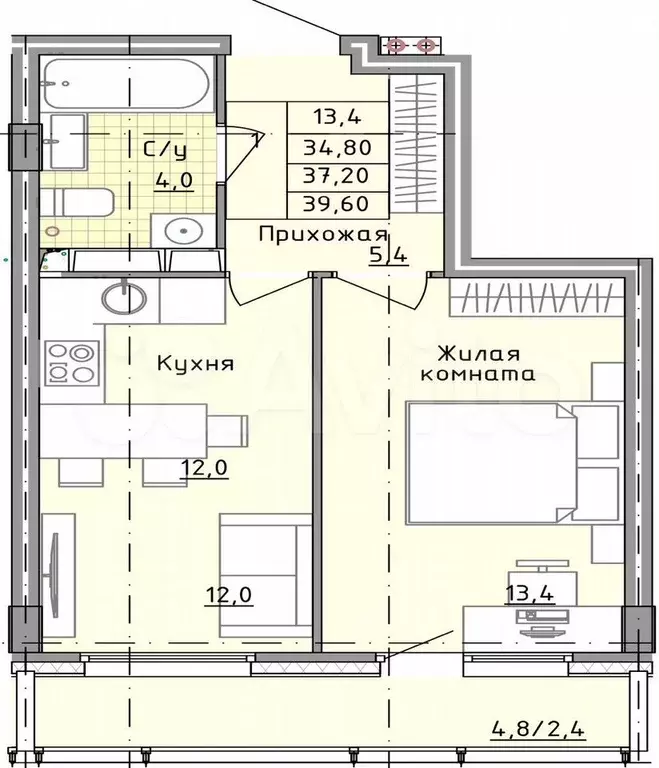 1-к. квартира, 39,6 м, 23/25 эт. - Фото 0