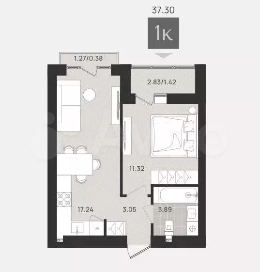 1-к. квартира, 37,3 м, 9/9 эт. - Фото 1