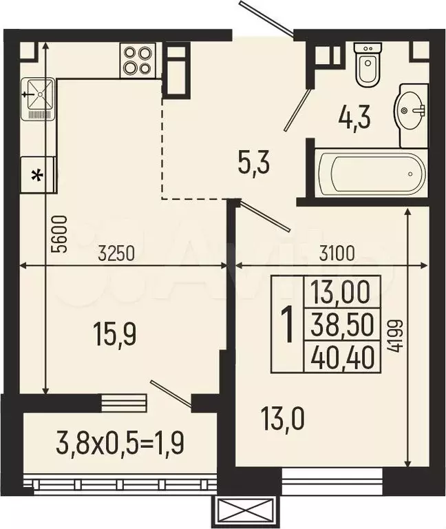 1-к. квартира, 40,4 м, 6/7 эт. - Фото 0