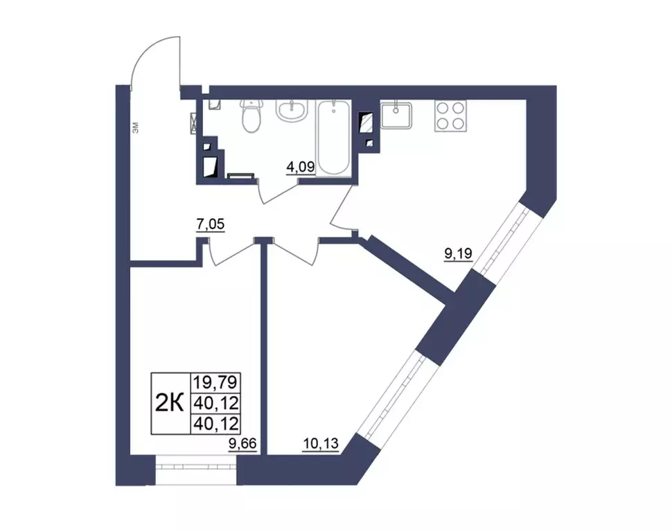 2-к квартира, 40.49 м - Фото 0