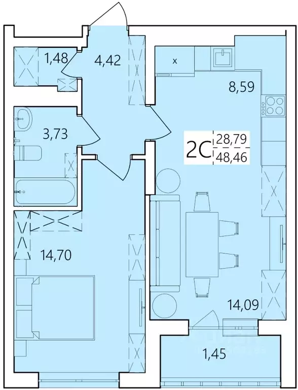 2-к кв. Башкортостан, Уфа Затон жилрайон, Волна жилой комплекс (48.46 ... - Фото 0