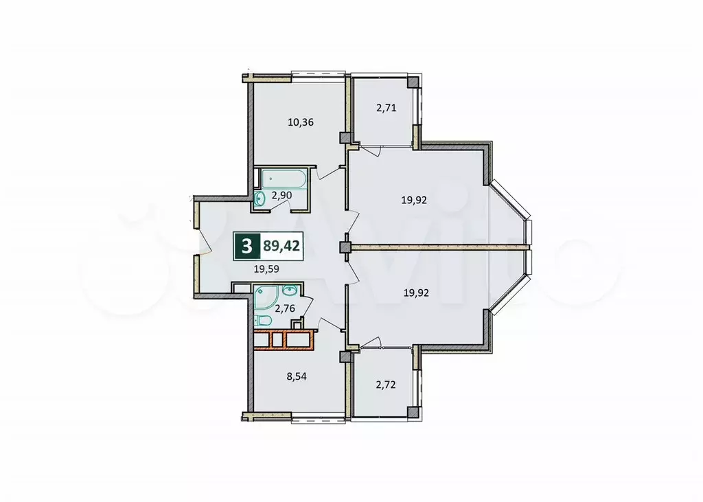 3-к. квартира, 89,4 м, 3/9 эт. - Фото 1