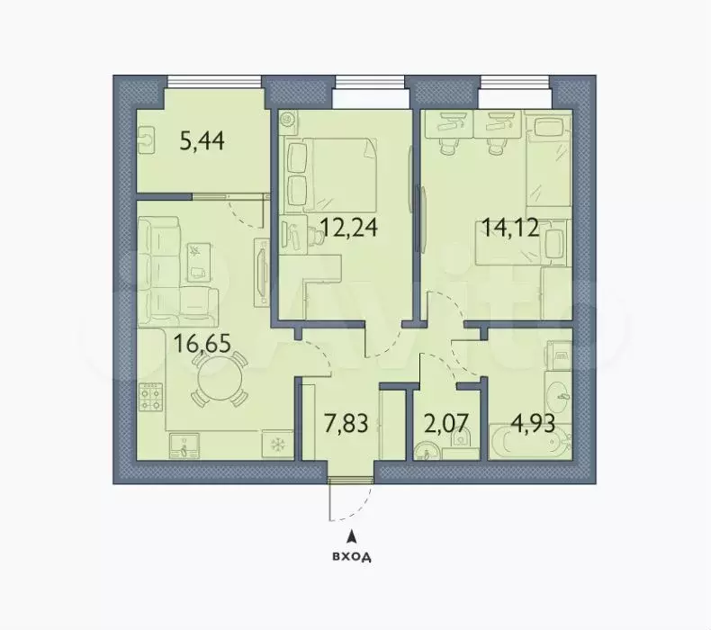 2-к. квартира, 63,3м, 3/8эт. - Фото 1