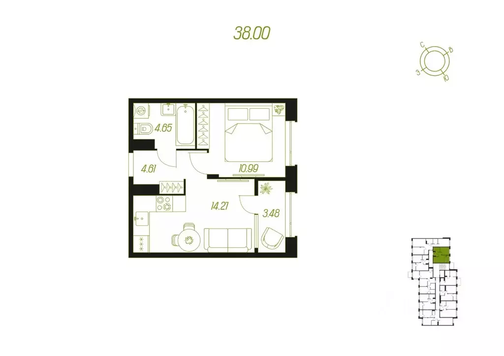 1-к кв. Тульская область, Тула  (38.0 м) - Фото 0