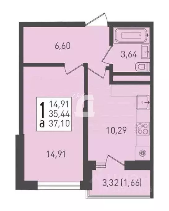 Квартира, 1 комната, 37.1 м - Фото 0