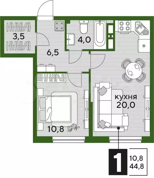 1-к. квартира, 44,8 м, 13/16 эт. - Фото 1