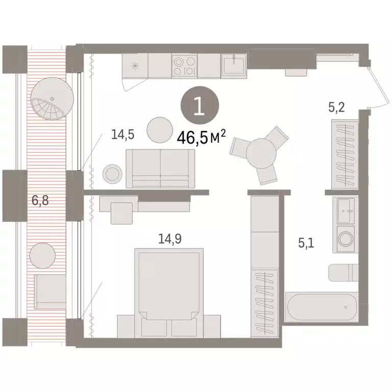 1-комнатная квартира: Тюмень, Краснооктябрьская улица, 4 (46.54 м) - Фото 2