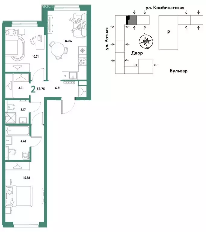 2-комнатная квартира: Екатеринбург, Ленинский район (58.75 м) - Фото 1