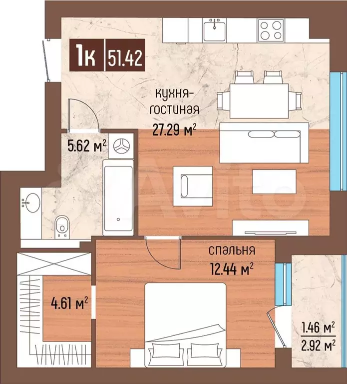 1-к. квартира, 51,4 м, 2/5 эт. - Фото 1