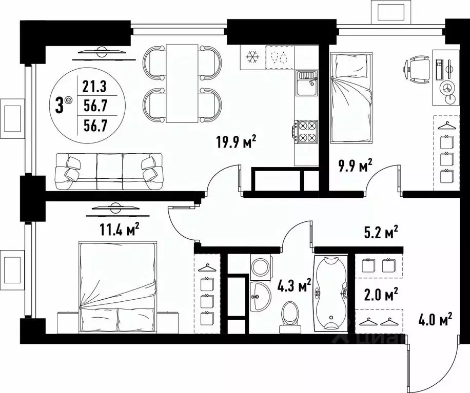 3-к кв. Астраханская область, Астрахань ул. Бэра, 29 (56.7 м) - Фото 2