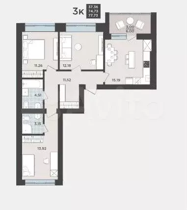 3-к. квартира, 77,7 м, 1/9 эт. - Фото 1