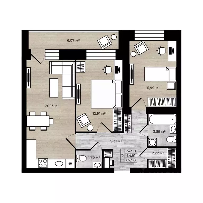 2-к кв. Ярославская область, Ярославль Тормозное ш. (67.98 м) - Фото 1