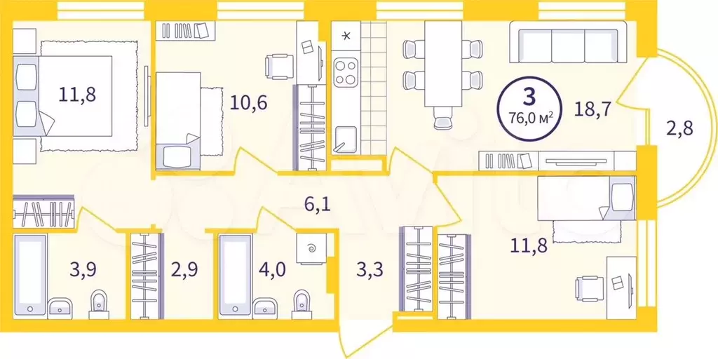 3-к. квартира, 74 м, 6/12 эт. - Фото 0