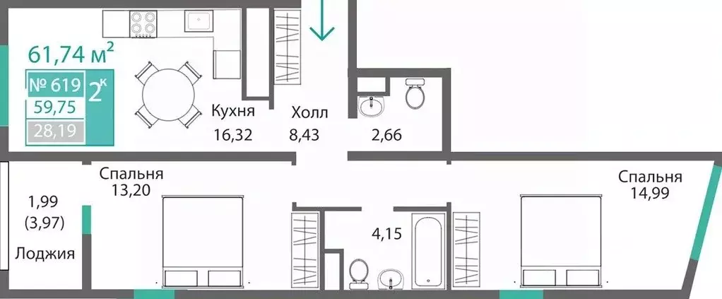 2-к кв. Крым, Симферополь Крымская роза мкр,  (61.74 м) - Фото 0