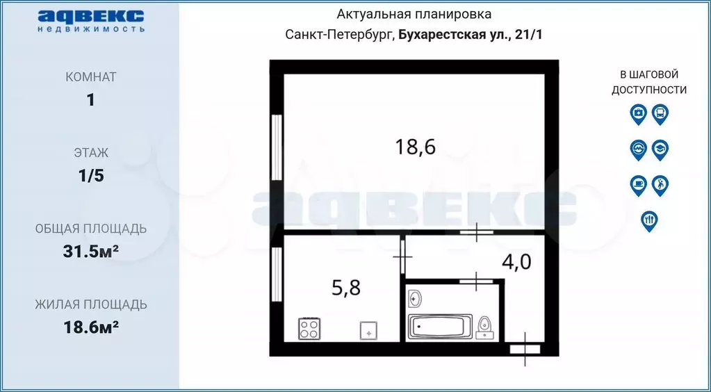 1-к. квартира, 31,5 м, 1/5 эт. - Фото 0