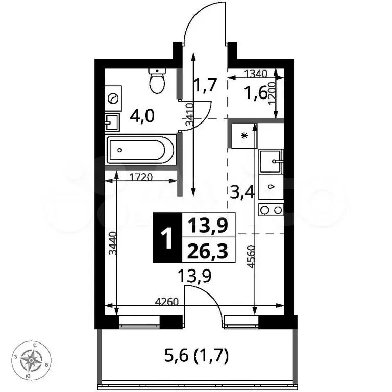 Квартира-студия, 26,3 м, 4/6 эт. - Фото 0