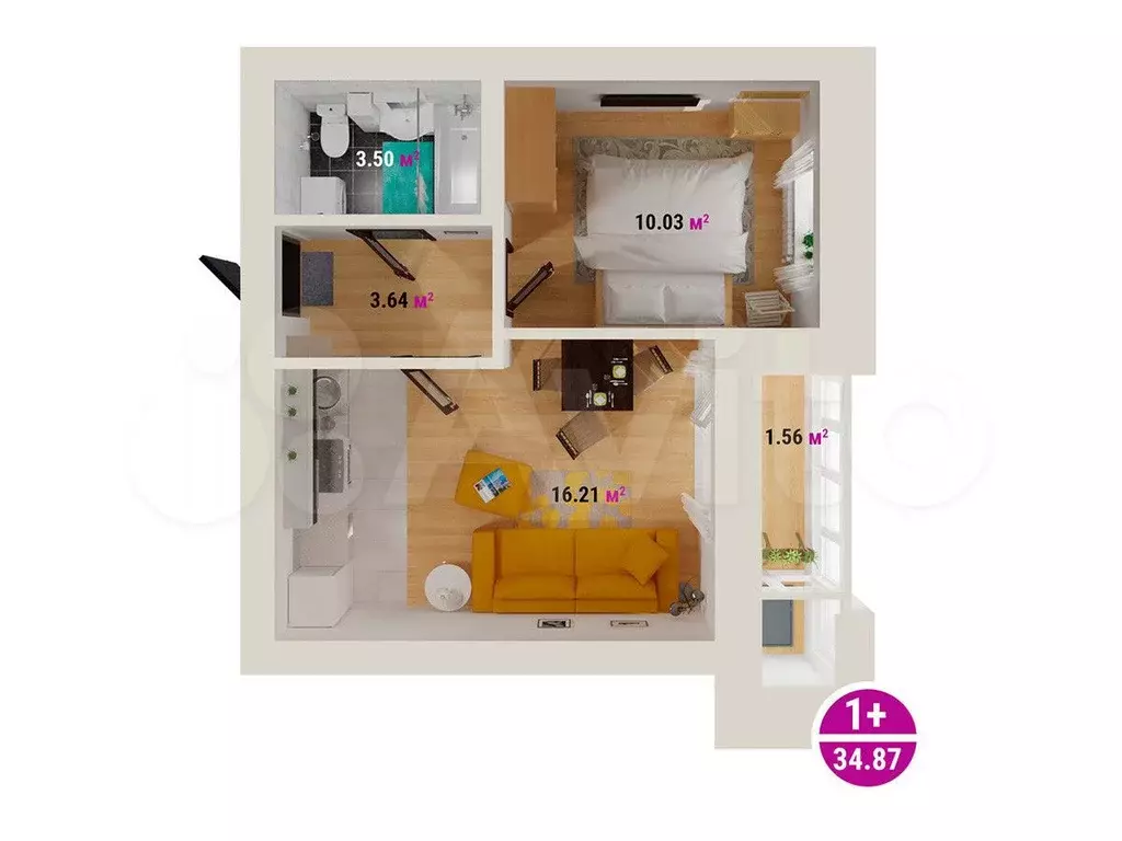 1-к. квартира, 34,9 м, 6/6 эт. - Фото 0