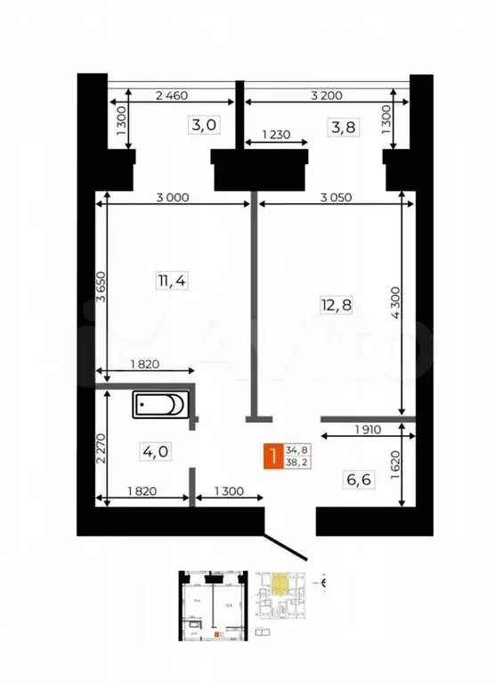 1-к. квартира, 38,1 м, 6/9 эт. - Фото 0