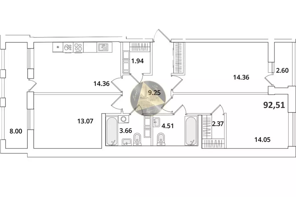 3-комнатная квартира: Санкт-Петербург, Кубинская улица, 82к3с1 (92.51 ... - Фото 1