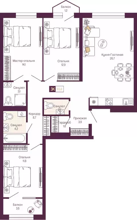 3-комнатная квартира: Нижний Новгород, Нижегородский район (91.3 м) - Фото 1