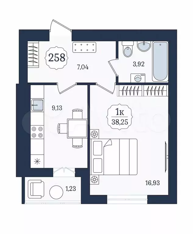 1-к. квартира, 38,3 м, 7/9 эт. - Фото 1