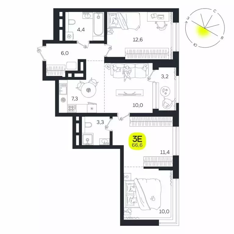 3-комнатная квартира: Екатеринбург, жилой район Южная Ботаника, ЖК ... - Фото 1