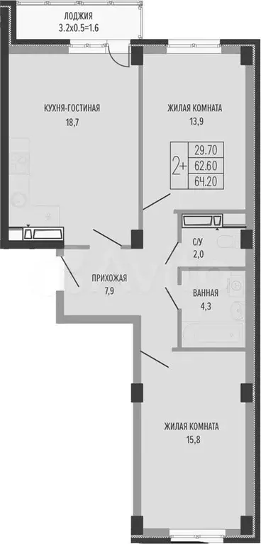 2-к. квартира, 62,6 м, 3/4 эт. - Фото 0