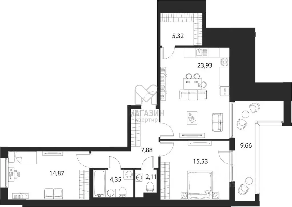 Квартира, 2 комнаты, 83.65 м - Фото 0