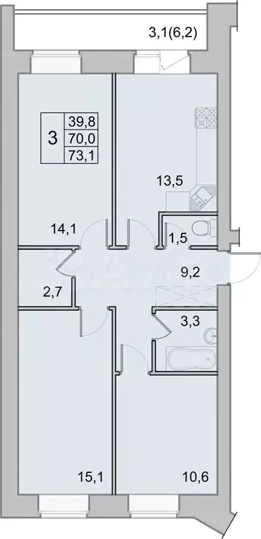 3-к. квартира, 73,1 м, 8/8 эт. - Фото 0