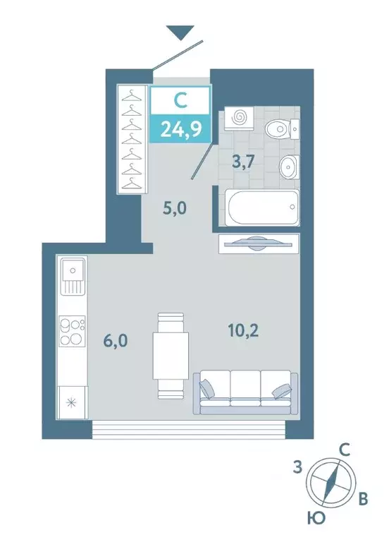 Студия Тюменская область, Тюмень Айрис жилой комплекс (24.9 м) - Фото 1