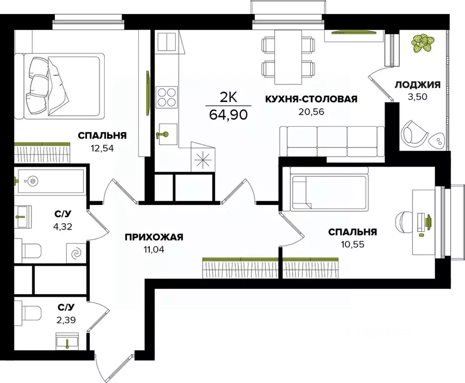 2-к кв. Тульская область, Тула  (64.9 м) - Фото 0