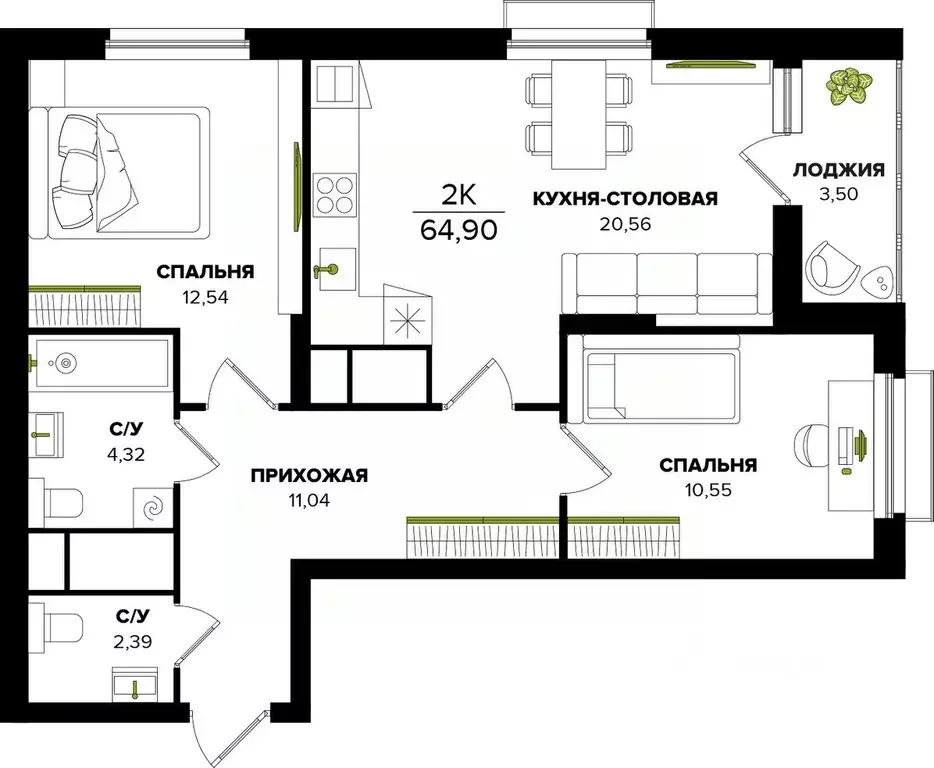 2-к кв. Тульская область, Тула  (64.9 м) - Фото 0