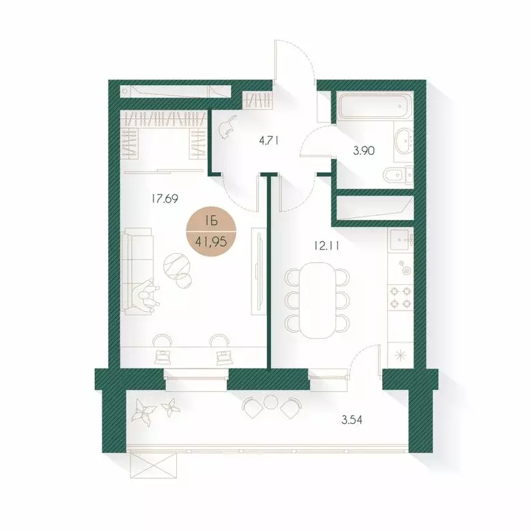 1-комнатная квартира: Казань, улица Родины, 20/4 (41.95 м) - Фото 1