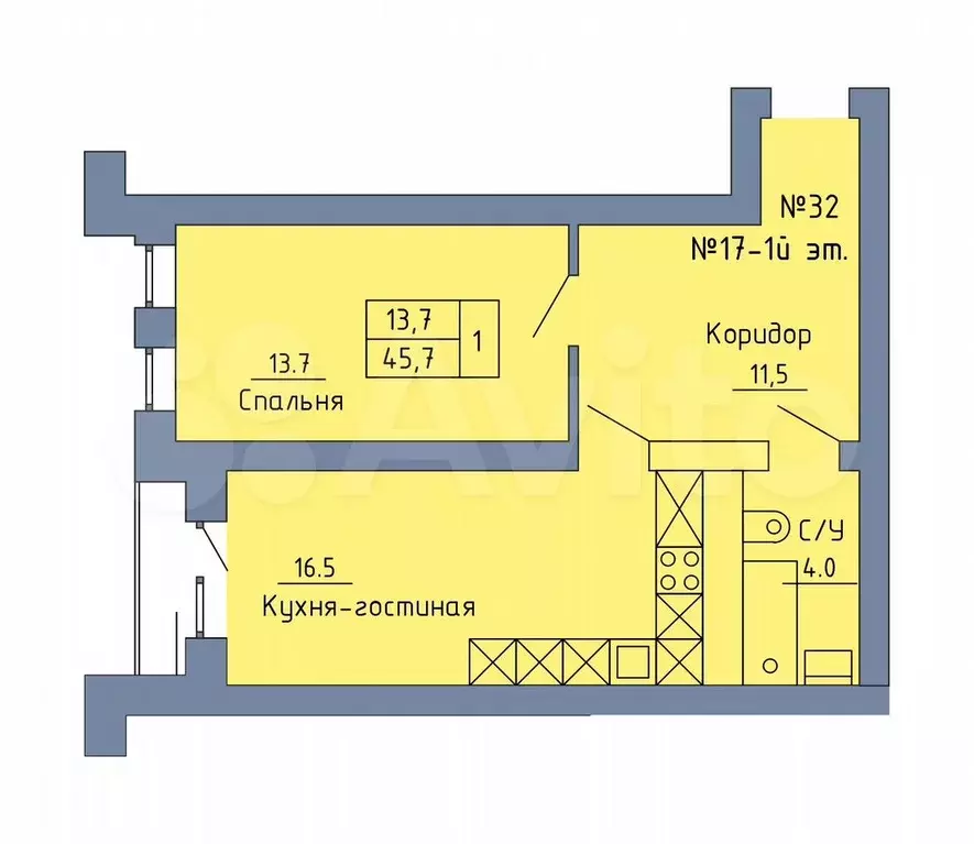 1-к. квартира, 46 м, 2/4 эт. - Фото 0